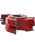 Shop Grade Four Flute Shaper Cutter for door making, featuring tough carbide tips, red housing, and precision detailing.