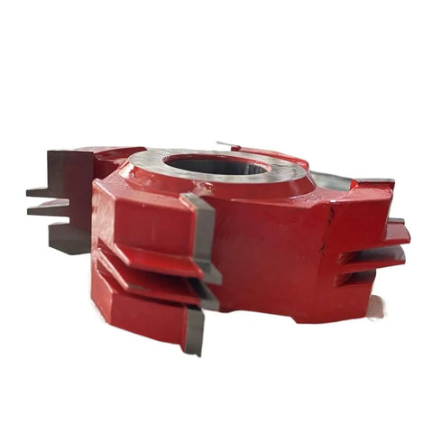 Shop Grade Four Flute Shaper Cutter for door making, featuring tough carbide tips, red housing, and precision detailing.
