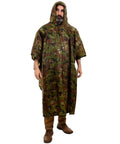 Man wearing Ultra Lightweight Ripstop Nylon Rain Poncho With Adjustable Hood Camouflage Pattern Ultra Packable Into Included 8x4 Stuff Sack