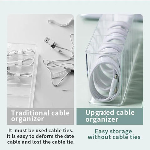 Comparison of traditional and upgraded Charger Cable Cord Storage Organizer Set 2 Pack No Lid Easy Cable Tidy For Desk Drawer.