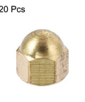 Top Shelf Brass Hex Cap Nuts 20 Piece M4 Dome Fasteners Corrosion Resistant Decorative Screw Covers Heavy Duty Hardware For Backyard Builds And Garage Fixes Solid Brass Finish individual hex cap nut close-up image.
