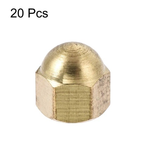 Top Shelf Brass Hex Cap Nuts 20 Piece M4 Dome Fasteners Corrosion Resistant Decorative Screw Covers Heavy Duty Hardware For Backyard Builds And Garage Fixes Solid Brass Finish individual hex cap nut close-up image.