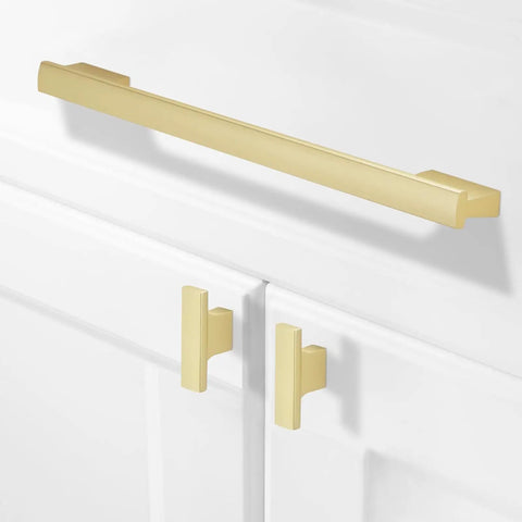 Sleek Brushed Gold Cabinet Pulls 10 Pack With 10 Inch Hole Centers Modern Kitchen Drawer Handles on white cabinetry.