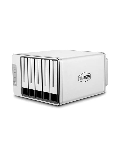 Beast Class Five Bay Diskless External Storage Enclosure With Real Hardware Raid Controls in a silver finish, side view showcasing five drive bays.