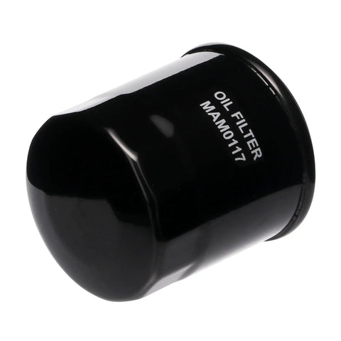 Black Spin-On Lube Filter For Mahindra Tractors And MAGNUM Generators, compatible filter showing part number MAM0117