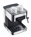 Top Shelf Electric Coffee Machine And Milk Frother Featuring Stainless Steel Build Removable Reservoir with two white cups on top.