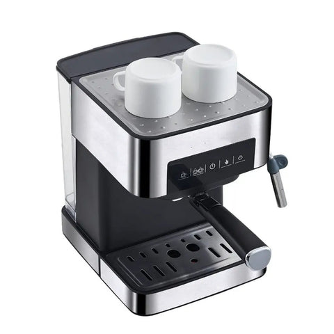 Top Shelf Electric Coffee Machine And Milk Frother Featuring Stainless Steel Build Removable Reservoir with two white cups on top.