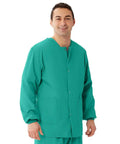 Hustle Ready Unisex Warm Up Medical Scrub Jacket Featuring Snap Front Closure Collarless Neckline in jade green on model.