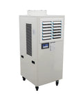 Rugged Portable Industrial Air Conditioner Loaded With A Massive Water Reservoir And Heavy Duty Caster Wheels Commercial Spot Cooler on casters, showcasing control panel and air vents.