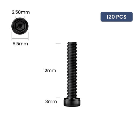 120 Piece Rock Solid M3 X 12MM Hex Socket Head Cap Screws Bolt Set In 12.9 Grade Alloy Steel With Black Oxide Finish showing dimensions 12mm length, 3mm head.