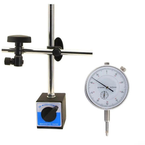 Magnetic Base Stand With Fine Adjustment For Dial Indicator, Built Tough With 60Kg Holding Power, V Groove For Cylindrical Surfaces, 0 To 10mm Gauge Range, Metal Inspection Tool For Precise Measurements, with dial indicator