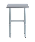 Real Deal Heavy Duty Stainless Steel Work Table With Spacious Open Base Clearance NSF Approved Utility Bench Garage And Laundry 24 Inch By 14 Inch Built Different For Serious Home Projects, front view.