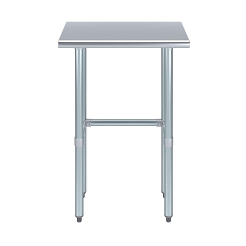 Real Deal Heavy Duty Stainless Steel Work Table With Spacious Open Base Clearance NSF Approved Utility Bench Garage And Laundry 24 Inch By 14 Inch Built Different For Serious Home Projects, front view.