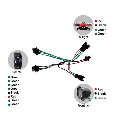 Wiring layout for Ebike Headlight And Taillight Set With LED Running Lights And Brake Light, showing connectors and color codes.
