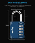 4 Digit Outdoor Waterproof Padlock, No Key Needed, Heavy Duty Combination Lock, dimensions in dark blue with numbered dials