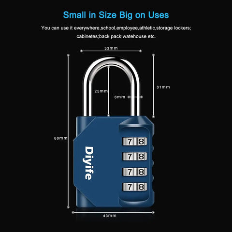 4 Digit Outdoor Waterproof Padlock, No Key Needed, Heavy Duty Combination Lock, dimensions in dark blue with numbered dials