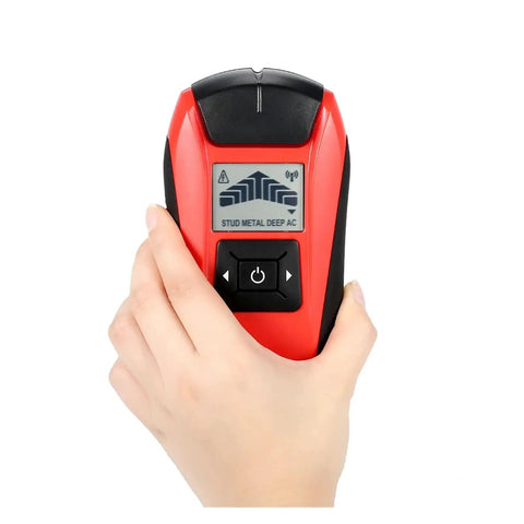 Handheld Stud Finder Wall Detector With Lcd Screen Finds Wood Metal Studs And Ac Cables Dead On Detection No Hassle Game Changer Scanner For Diy Remodeling Straightforward Setup Quick Reads, shown in hand.