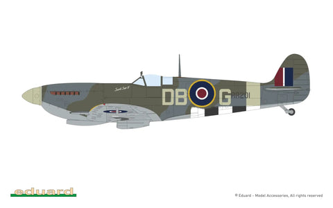 ProfiPACK Sweet 1 To 48 Spitfire Mk IXe Model Kit With Pre Painted Masks Photo Etch Decals And Plastic Components, side view of RAF markings display