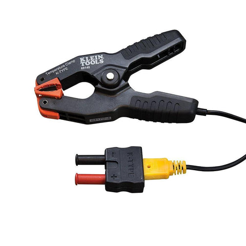 Klein Tools 69140 K-Type thermometer, pipe temperature clamp with orange jaws and yellow HVAC connector