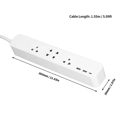 No Fuss Next Gen Smart Power Strip Featuring Lightning Fast Usb C Ports And Ble App Sync Plus Hassle Free Voice Command For Dependable Home Setup Surge Guard showing dimensions and cable length.