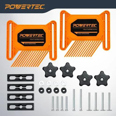 PowerTEC tandem featherboard set with orange frames; includes 2 boards and T-track bolts