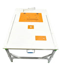 Built Tough Foldable Woodworking Workbench With Thick Plywood Surface And Rust Proof Steel Frame Compact Saw Station For Weekend Warriors And Master Carpenters, top view, orange inserts, large work surface.