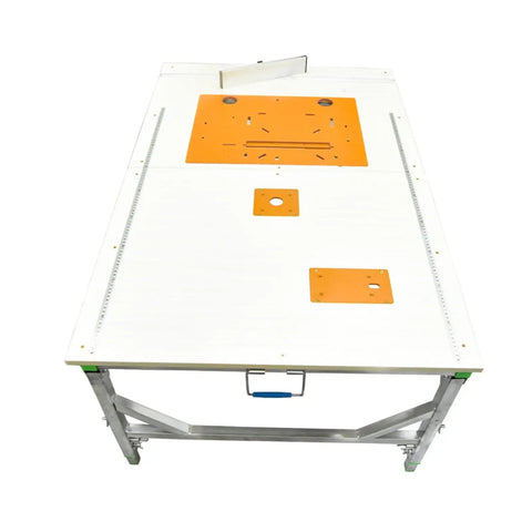 Built Tough Foldable Woodworking Workbench With Thick Plywood Surface And Rust Proof Steel Frame Compact Saw Station For Weekend Warriors And Master Carpenters, top view, orange inserts, large work surface.