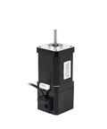 Front view of black 60mm NEMA17 brake stepper motor with protruding shaft and wiring connector.
