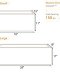 Product dimensions for Modular Stackable Nightstand With Drawer Bins Dope Oak Finish; small 18x15x11 inches, large 26x15x11 inches.