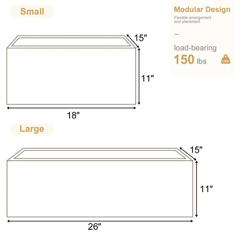 Product dimensions for Modular Stackable Nightstand With Drawer Bins Dope Oak Finish; small 18x15x11 inches, large 26x15x11 inches.