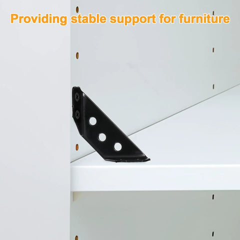 Close-up of black corner bracket with screws on white shelf for Stainless Steel Shelf Brackets With Mounting Screws Heavy Duty Corner Braces.