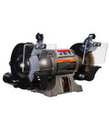 Shop Ready Six Inch Bench Grinder Powered By A Half Horsepower Motor Spinning 3450 RPM Built Different With Heavy Cast Iron Frame Includes Vitrified Aluminum Oxide Wheels Plus Attached Wire Brush For Fast Metal Prep, showcasing side view with safety shields.