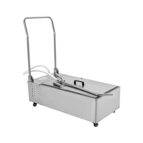 Heavy Duty Mobile Fryer Oil Filter Cart With Stainless Steel Drum And High Speed Motor For Hassle Free Cleanup And Game Changing Oil Savings At Burger Shacks And Food Trucks, side view showing handle and wheels.