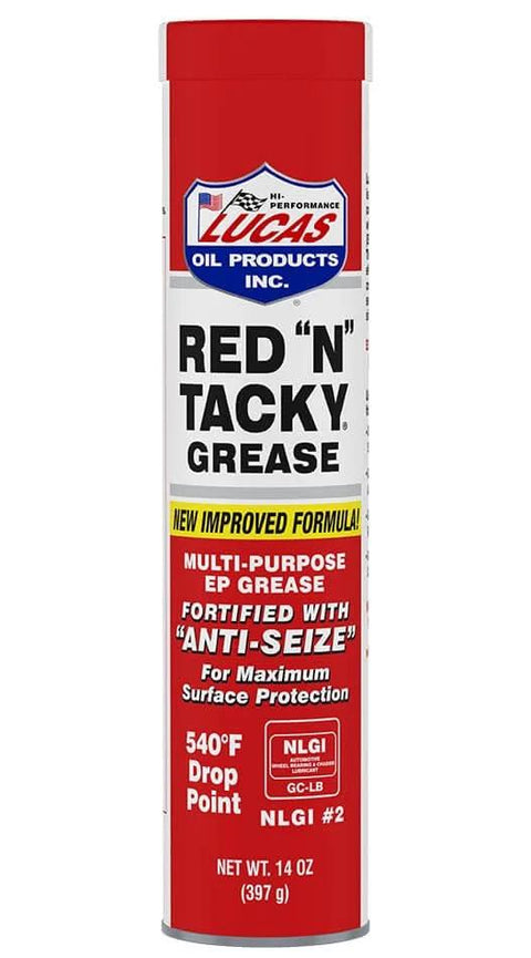 Lucas Oil Products Red N Tacky Grease 14 oz tube, labeled with anti-seize and surface protection features in a red container