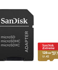 SanDisk Extreme 128GB microSD card with adapter next to Air 3S Fly More Drone Bundle with RC 2 Screen Controller accessory kit