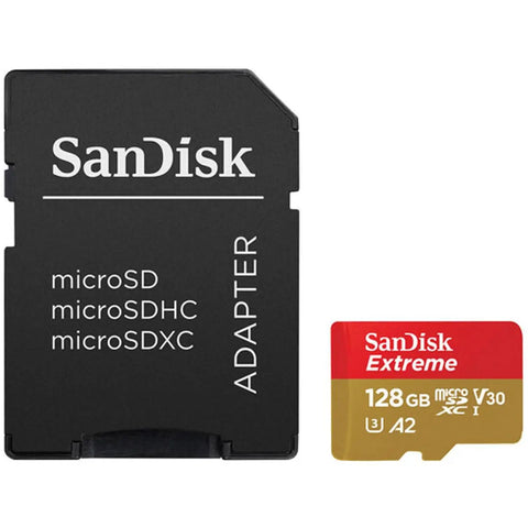 SanDisk Extreme 128GB microSD card with adapter next to Air 3S Fly More Drone Bundle with RC 2 Screen Controller accessory kit