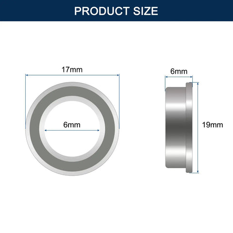 F606ZZ Flanged Ball Bearing 6x17x6mm Set size diagram showing 6mm I.D. and 19mm flange depth