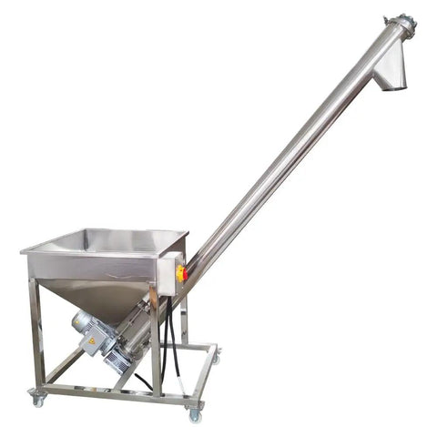 Pro Grade Automatic Screw Powder Feeding Machine With Sturdy Vibrating Hopper And Angled Conveyor Chute for bulk loading.