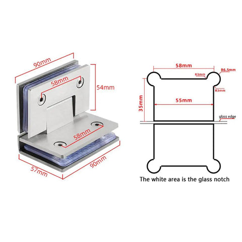 Heavy Duty Frameless Glass Door Hinges Rock Solid 90 Degree Shower Panel Hinge dimensions and design for 8 to 12mm glass.
