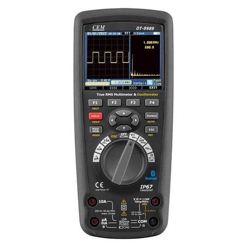 Front view of Handheld Digital Oscilloscope Multimeter 3 In 1 with Bluetooth Interface showing waveform on 3.5 inch color LCD display.
