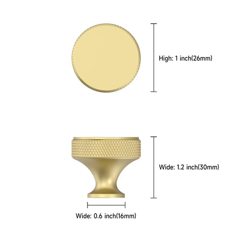 Thirty Piece Set of Slick Brushed Gold Cabinet Knobs With Knurled Textured Grip Heavy Duty Kitchen and Cabinet Hardware, 1 inch high, 1.2 inch wide.