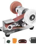 Compact Mini Electric Belt Sander 100-240V For Versatile DIY Woodwork Project Metal Finishing Plus Jewelry Polishing Bench Grinder, with attached sanding belt.