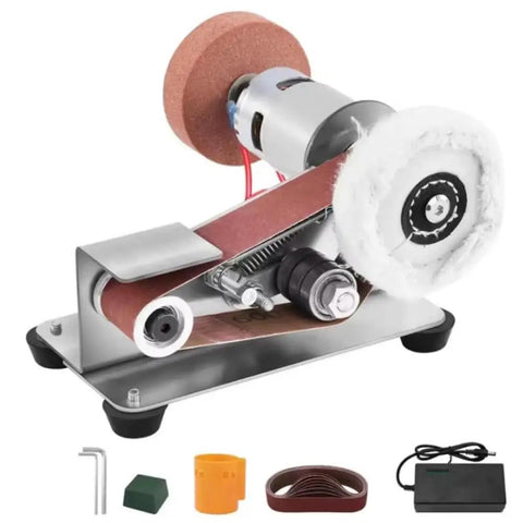 Compact Mini Electric Belt Sander 100-240V For Versatile DIY Woodwork Project Metal Finishing Plus Jewelry Polishing Bench Grinder, with attached sanding belt.