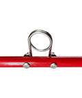 Close-up of Foldable Cable Reel Drum Roller Holder component, red stainless steel frame, shown from top view
