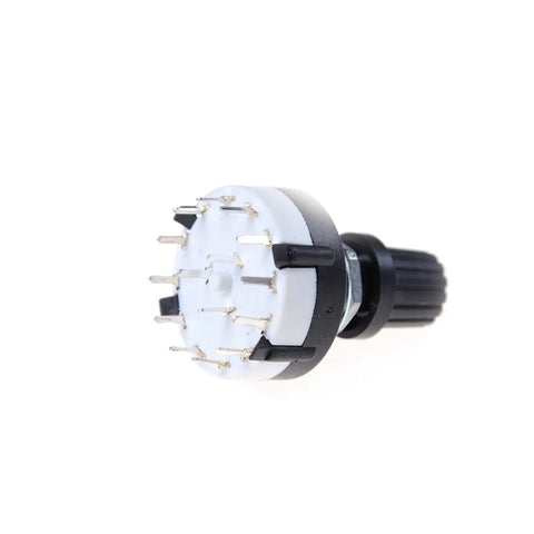 Side view of 3P4T Rotary Switch Band Selector With Knob Black, 4 Pole 3 Position, Single Deck Encoder Style, showing pins for installation.