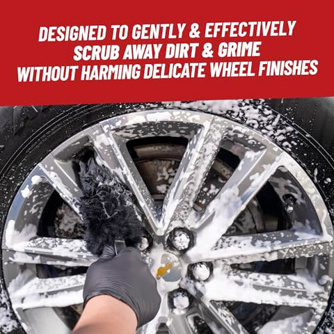 Soft Natural Bristle Wheel And Rim Cleaning Brush With Gerbil Hair For Wheels Rims Exhaust Tips And Delicate Surfaces Safe Brake Dust Removal, applied to a car wheel