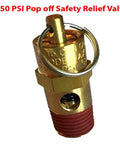 Brass 1/4 in NPT 150 PSI air compressor relief valve with red threaded end, close-up