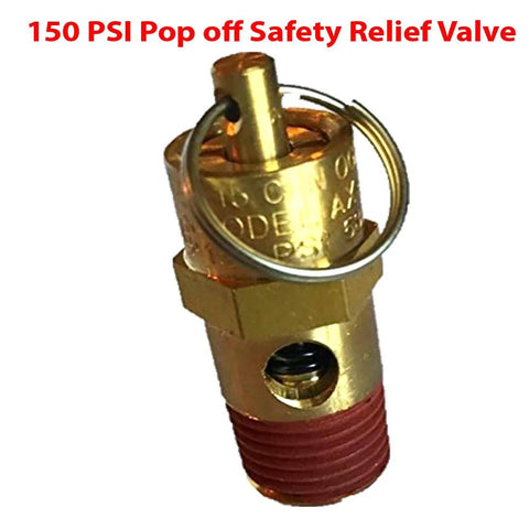 Brass 1/4 in NPT 150 PSI air compressor relief valve with red threaded end, close-up