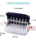 Details of Beast 6 Hole Paper Punch Handheld Portable Puncher, showing cover handle, knife core, chip box, limit post, positioning ruler.