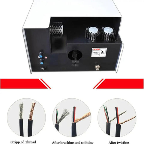 Auto Electrician Wire Twisting Machine With 60Mm Adjustable Separator And Three-Brush Cable Shield Braid Brush showing various wire prep stages.